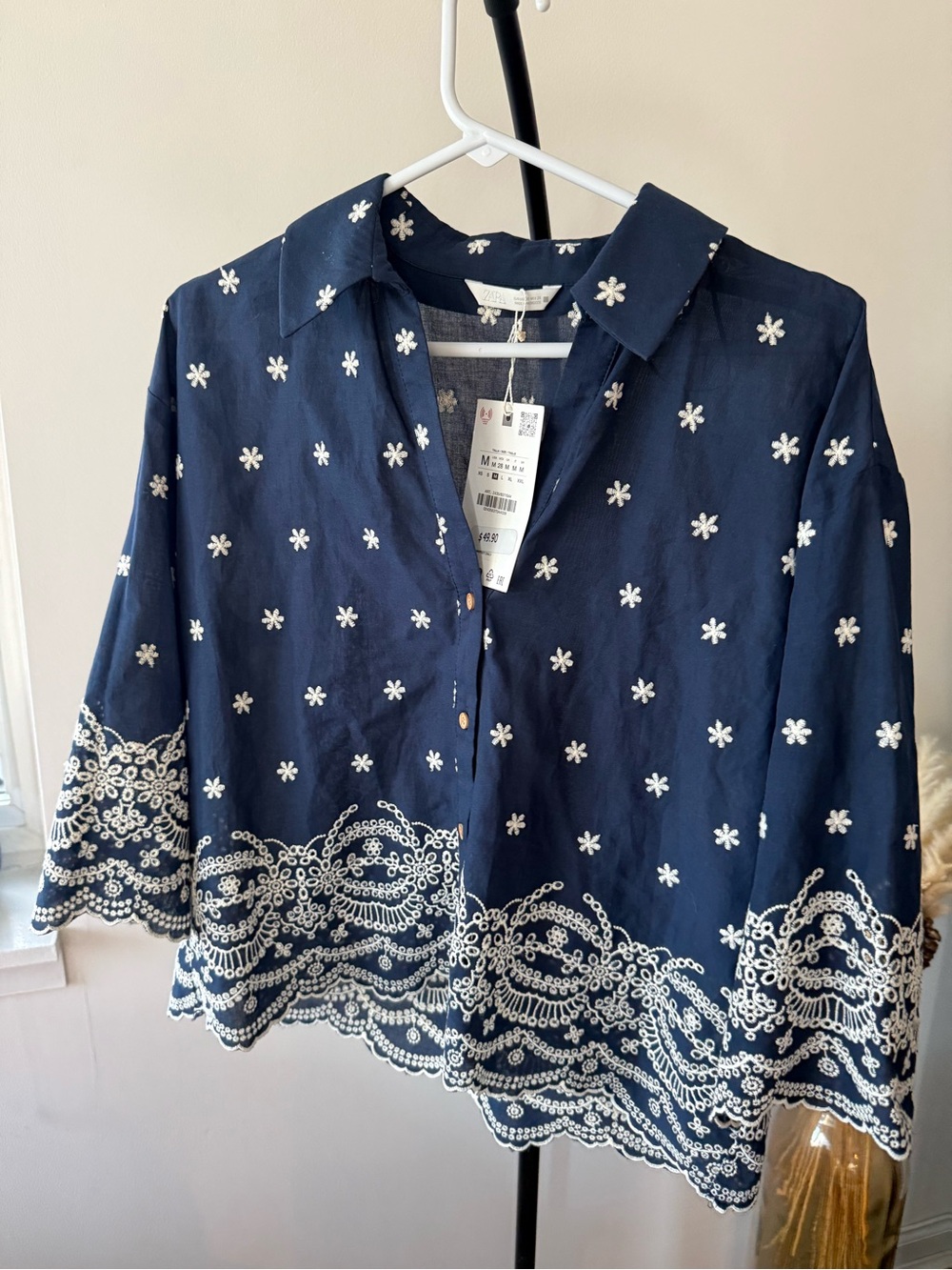 Zara Navy Button-Down Top with White Embroidered Florals